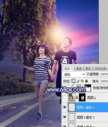 街拍晨跑情侣照片添加紫蓝色霞光PS图文说明教程